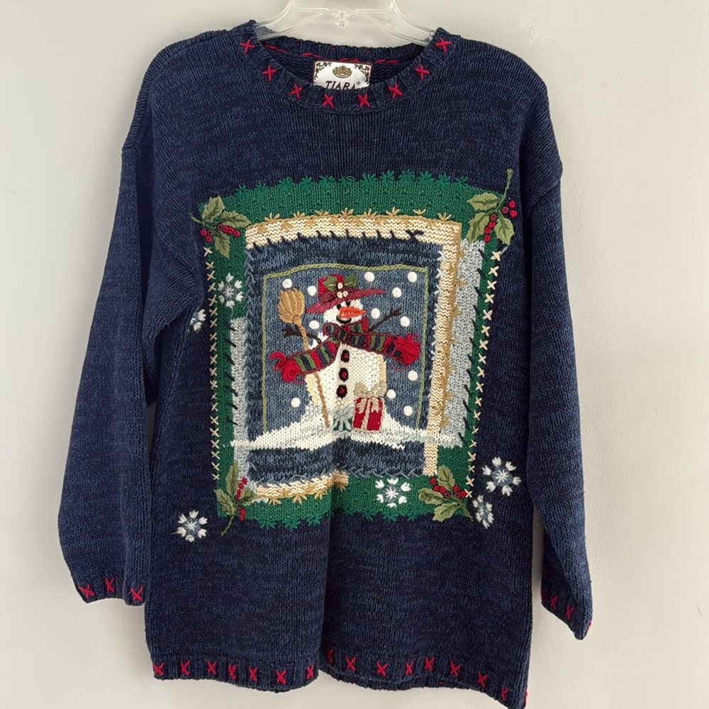 BEAUTIFUL Vintage Tiara Blue Snowman Sweater - Size M - Excellent Condition - Picture 2 of 8